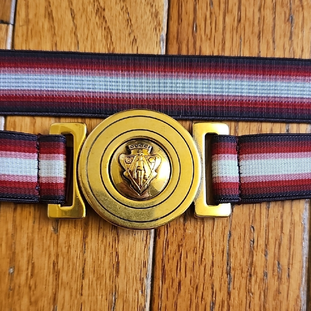 Gucci Red, White and Gold Belt with Gucci Emblem Buckle